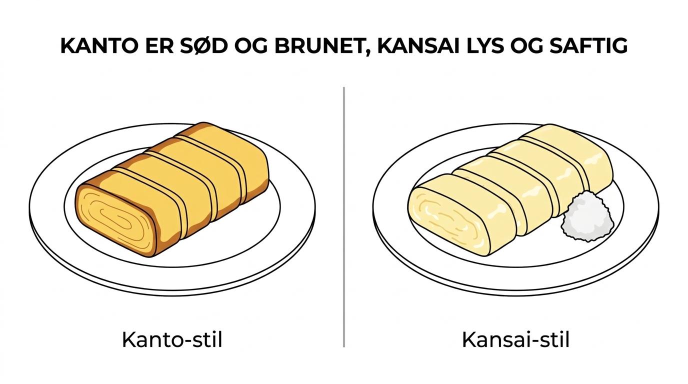 Sammenligning af sød Kanto-style tamagoyaki og lysere Kansai-style dashimaki tamago.