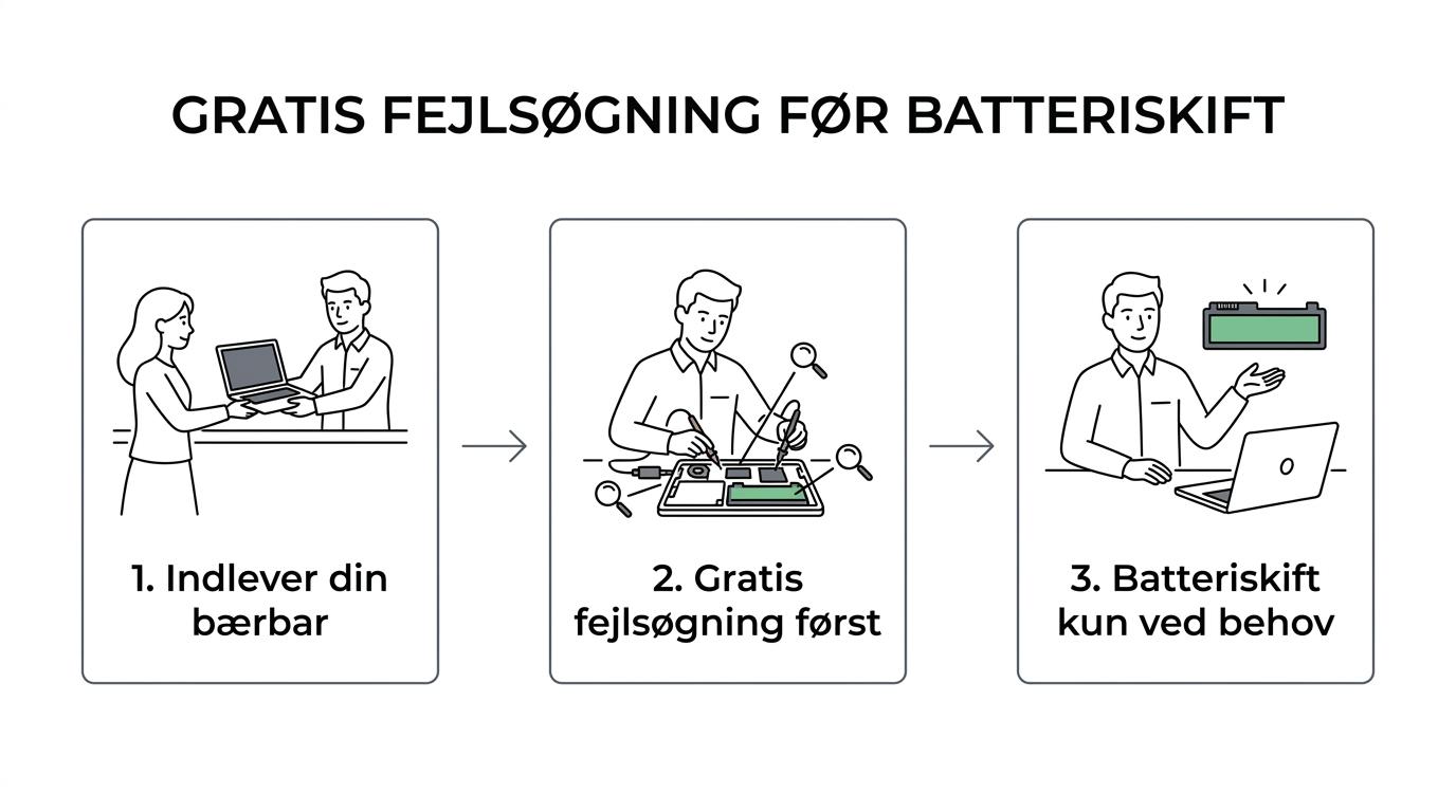 Et trin-for-trin forløb for laptop-batteriservice: fejlsøgning, afklaring af fejl, batteriskift hvis nødvendigt eller anbefaling af anden løsning.