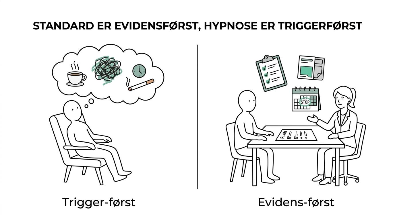 5 forskelle på rygestop behandling og hypnose i praksis 1 Side-by-side comparison of standard smoking cessation treatment and hypnosis, showing medication and structured support on one side and habit and trigger work on the other.