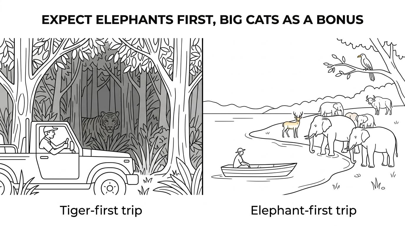 Side-by-side comparison of a tiger-focused safari expectation and a realistic Kerala wildlife outing with elephants, deer, gaur, and birds in forest and lakeside settings.