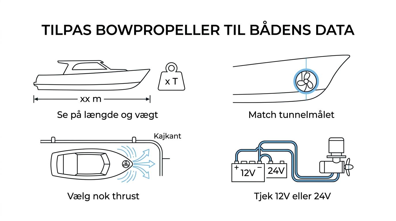 Infografik med en Vetus bowpropeller og fem nøglefaktorer: bådlængde, vægt, tunnelstørrelse, thrust og 12V eller 24V.