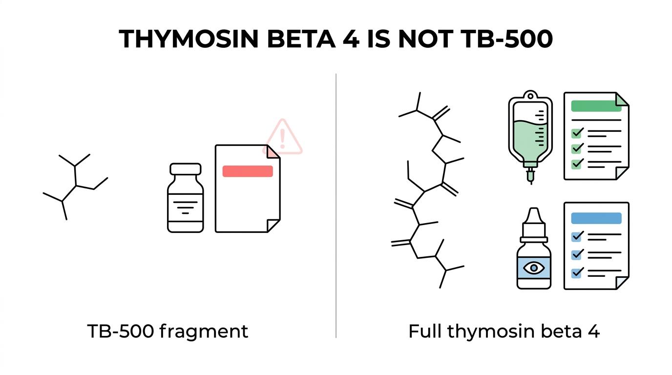 Side-by-side comparison of thymosin beta 4 and TB-500 showing differences in peptide type, human study evidence, routes, and FDA safety context.