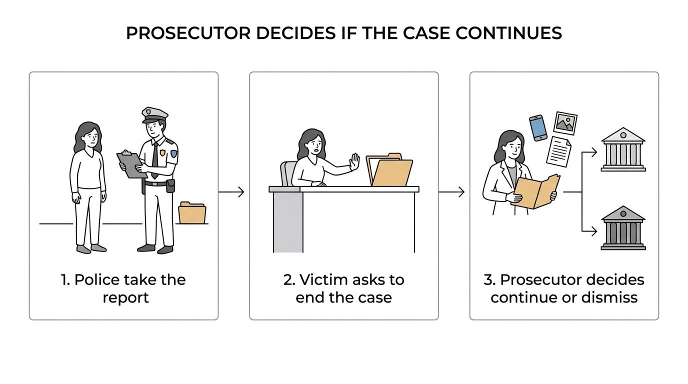 Flowchart of a Michigan assault case showing a report, police investigation, prosecutor charging decision, court proceedings, and possible outcomes.