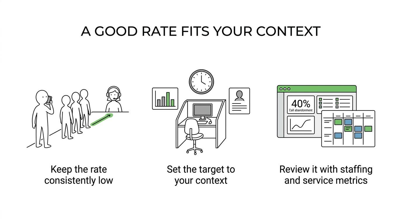 Visual grouping the factors that shape a good call abandonment rate, including industry, urgency, call patterns, hours, queue design, language needs, staffing model, and support type.
