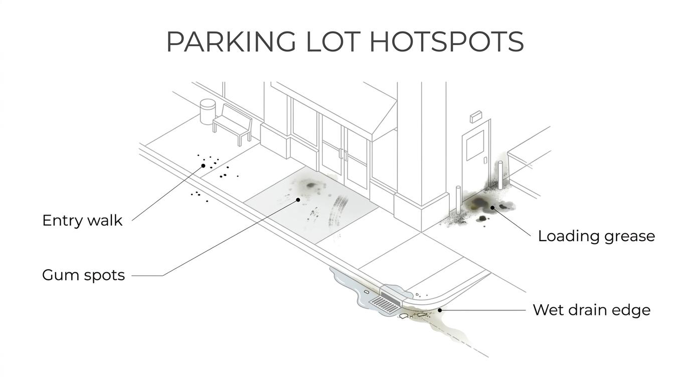 Parking Lot Cleaning: 6 Hazards Customers Notice Fast 1 Labeled commercial parking lot diagram highlighting entry walks, sidewalks, darkened concrete, loading areas, wet low spots, and debris moving toward a drain.