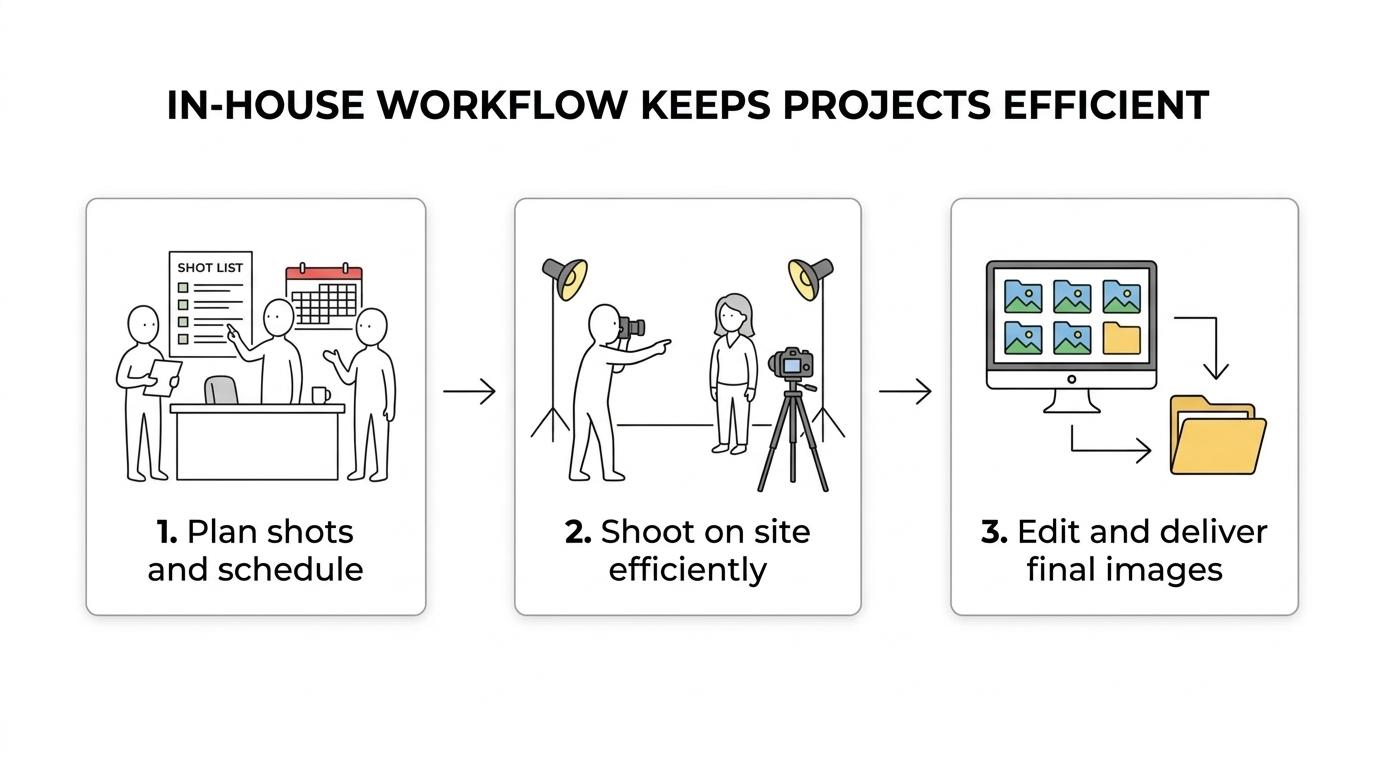 Three-step corporate photography workflow showing planning, on-site photography, and final image delivery.