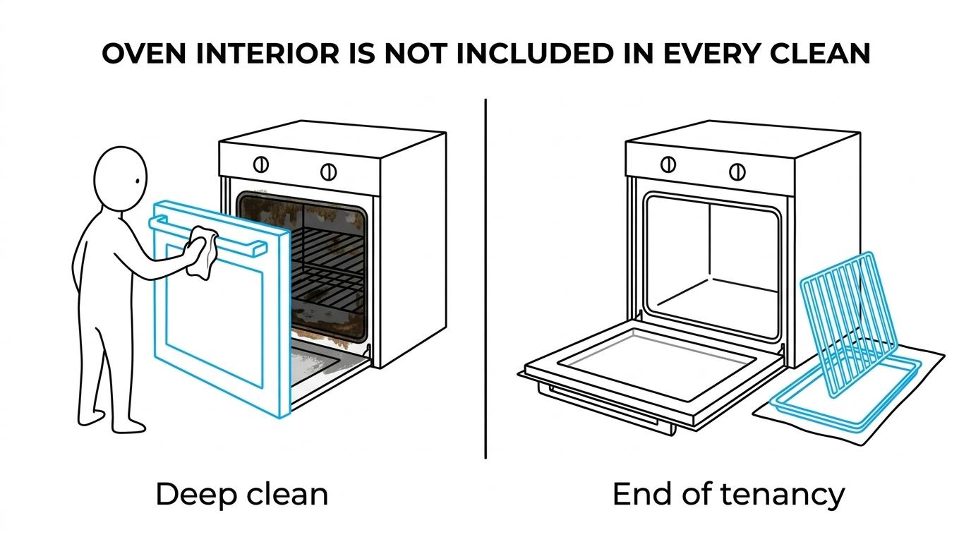 Side-by-side comparison of standard kitchen clean, deep clean, and end-of-tenancy clean showing whether the oven exterior, oven interior, and other appliances are included.