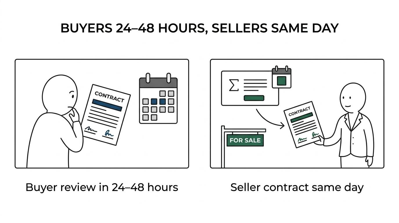 Side-by-side comparison of Manly conveyancing support for buyers and sellers, highlighting 24–48 hour buyer contract reviews and same-day seller contract preparation.