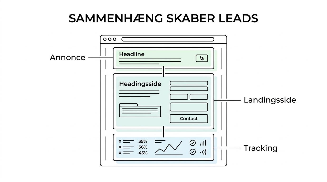Diagram over et lokalt Google Ads-setup med søgeord, annonce, landingsside, kontaktpunkter og tracking, der fører til leads.