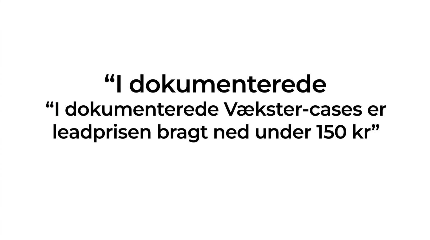Quote card med udsagnet om, at dokumenterede Vækster-cases har bragt leadprisen ned under 150 kr.