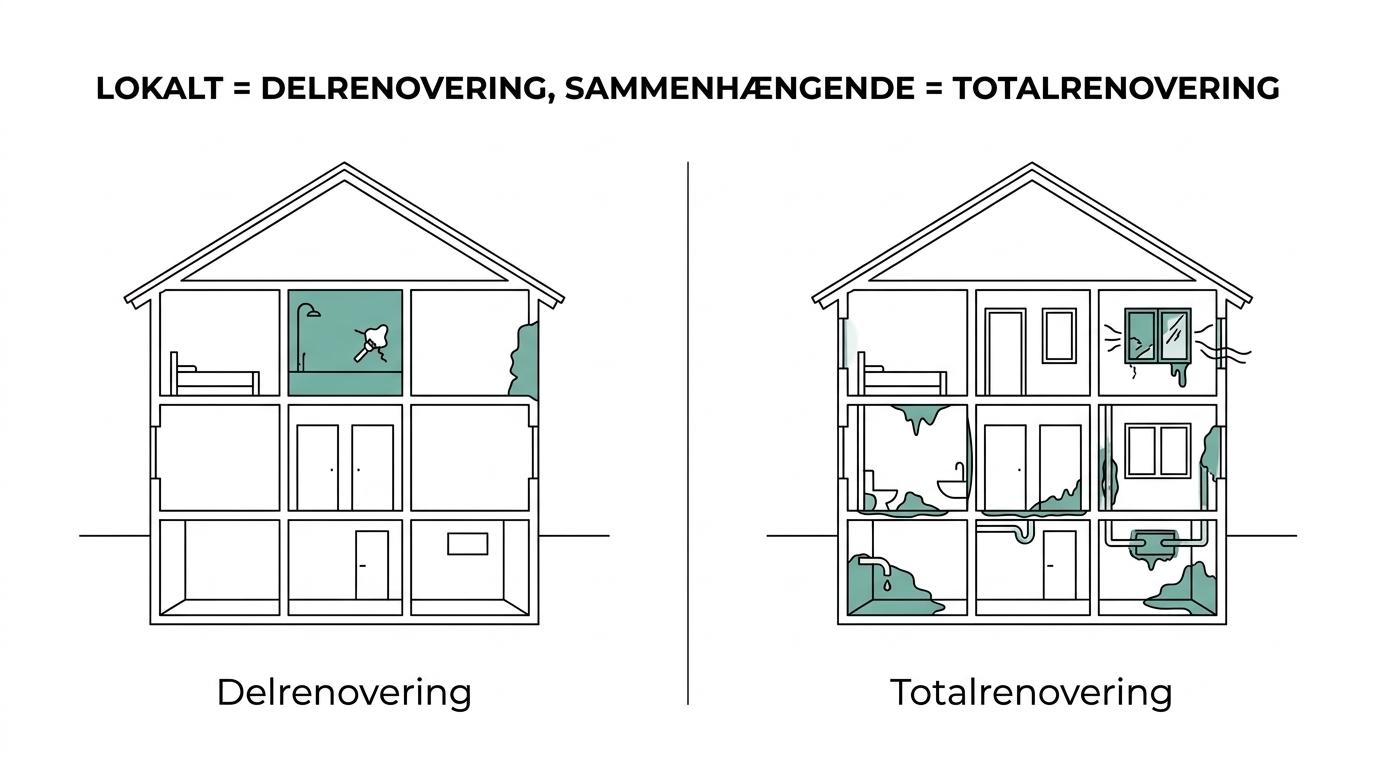Side-by-side sammenligning af et hus egnet til delrenovering og et hus med behov for totalrenovering ud fra skader, energi og skjulte problemer.