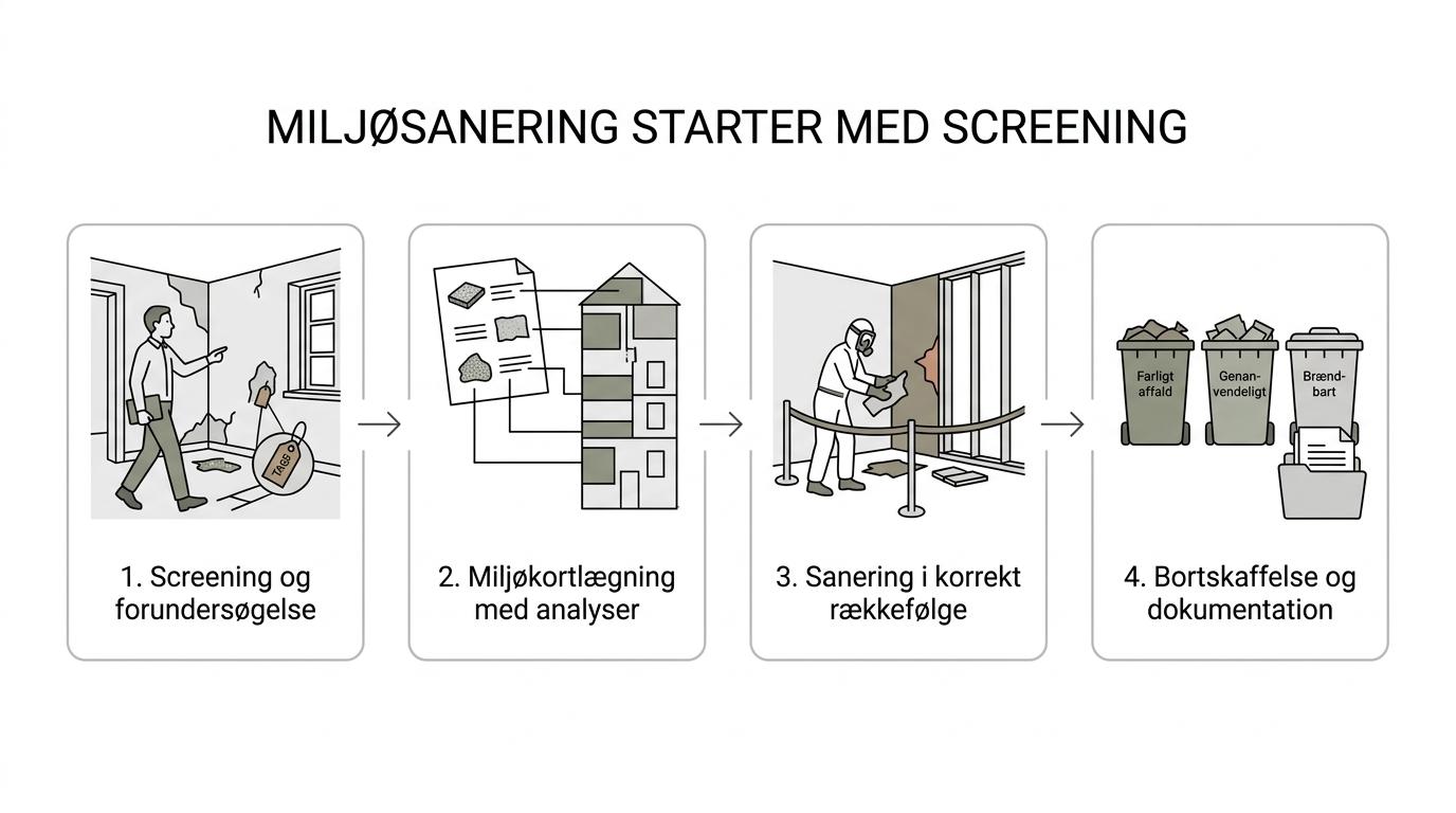 Procesoversigt over miljøsanering fra screening og miljøkortlægning til sanering, affaldssortering og korrekt bortskaffelse.