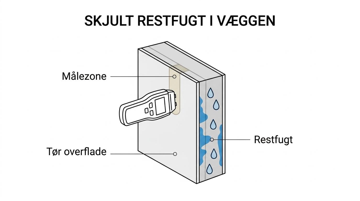 Tværsnit af en væg med kapacitiv fugtmåler på overfladen, tør yderzone og skjult fugtig kerne bag puds eller gips.