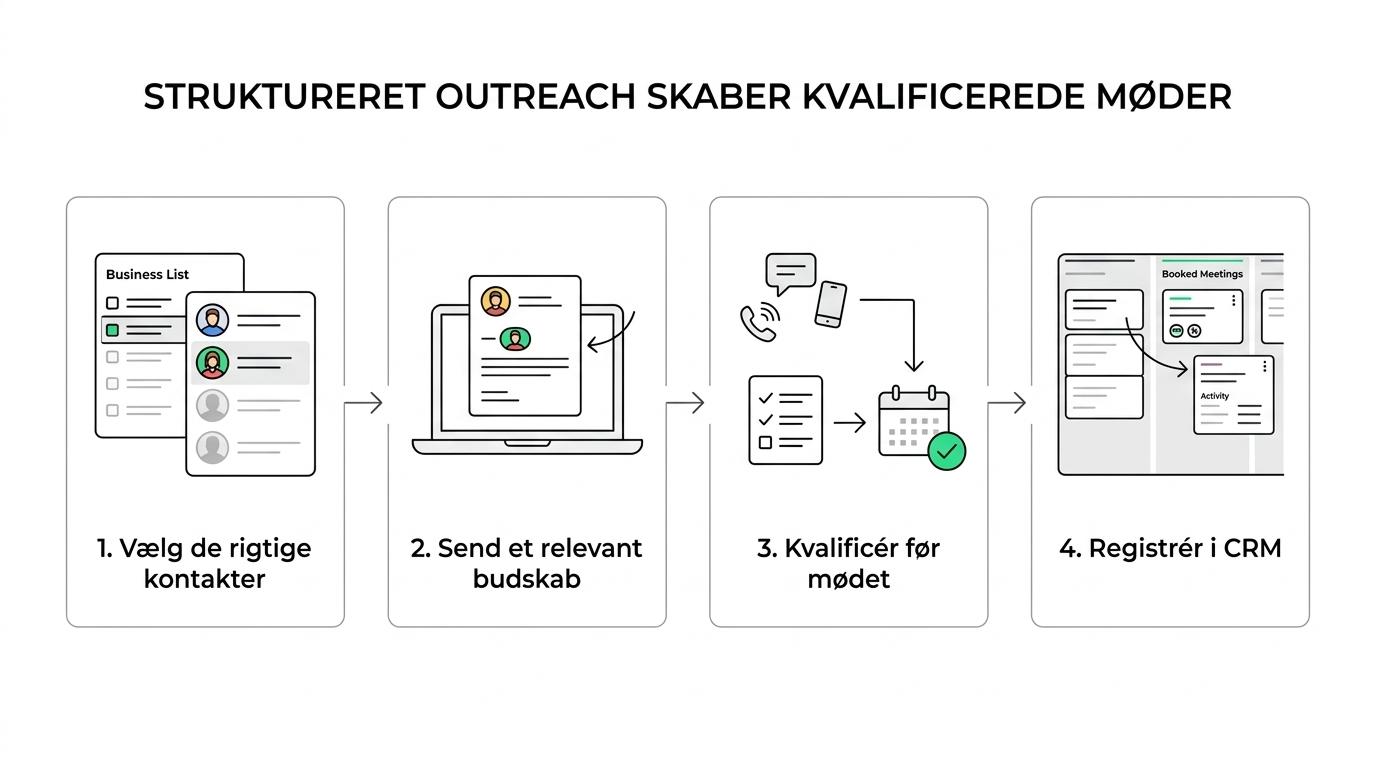 Flowchart showing a B2B email outreach process from target list and research to messaging, qualification, meeting booking, and CRM.