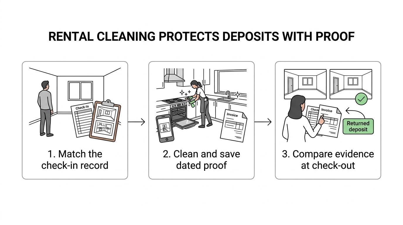 Flow showing check-in inventory, property preparation, inspection-ready cleaning, move-out photos and invoice, checkout comparison, and deposit outcome.