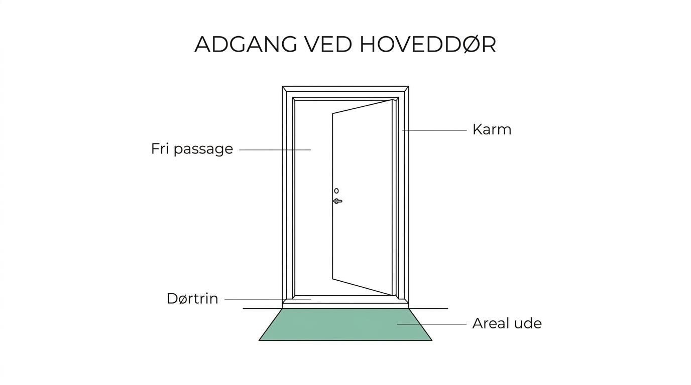 Labeled oak front door opening showing frame, door leaf, clear passage width, threshold height, and exterior landing area.