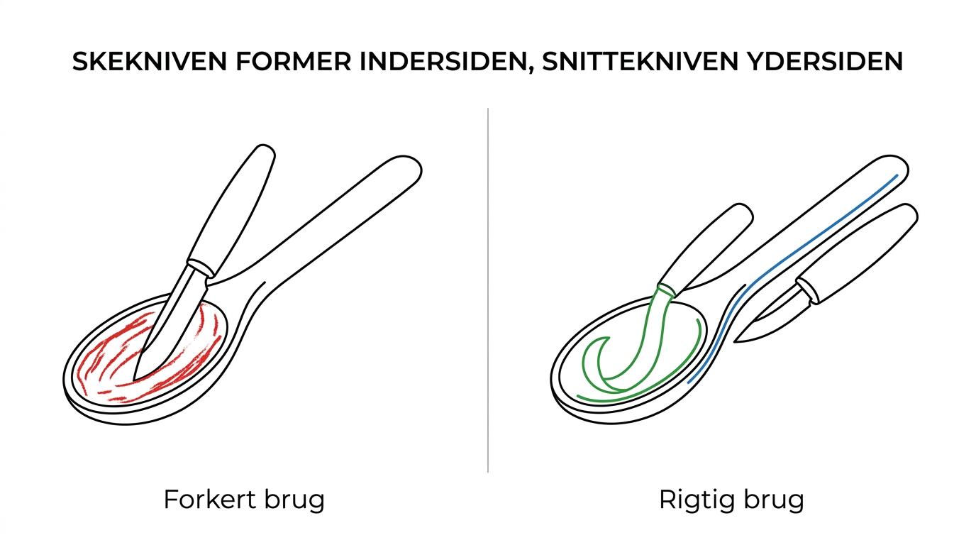 Sammenligning af en snittekniv til ydersiden af en træske og en skekniv til den udhulede inderside.