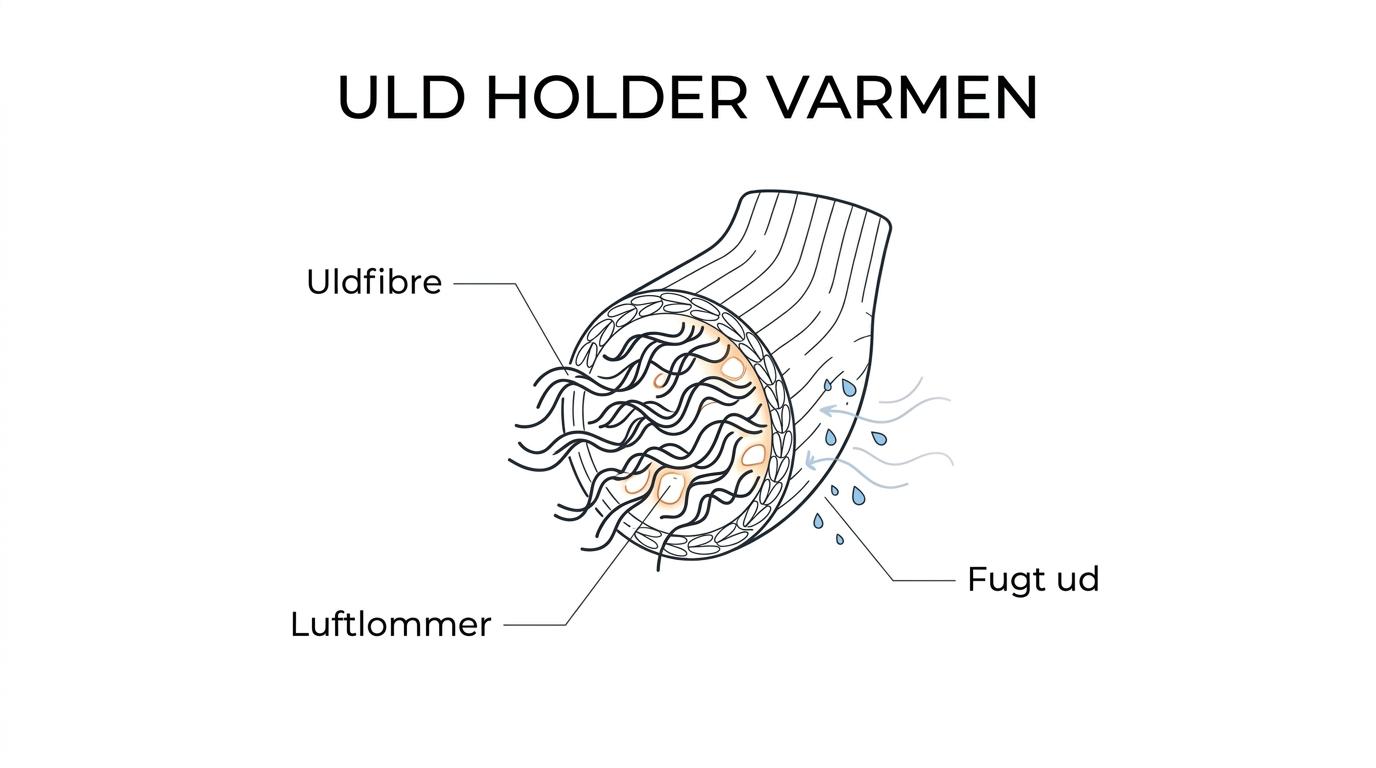 Labeled cutaway of a wool sock in a boot showing insulating air pockets, moisture absorbed in the fibers, and breathable airflow away from the foot.