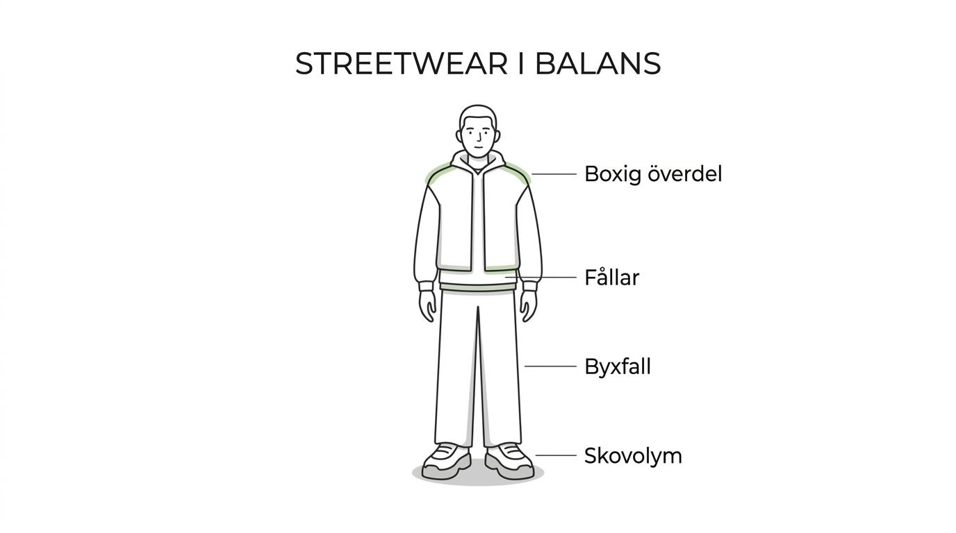 En streetwearoutfit med markerade delar för boxig överdel, synliga lager, byxfall och skornas visuella tyngd.