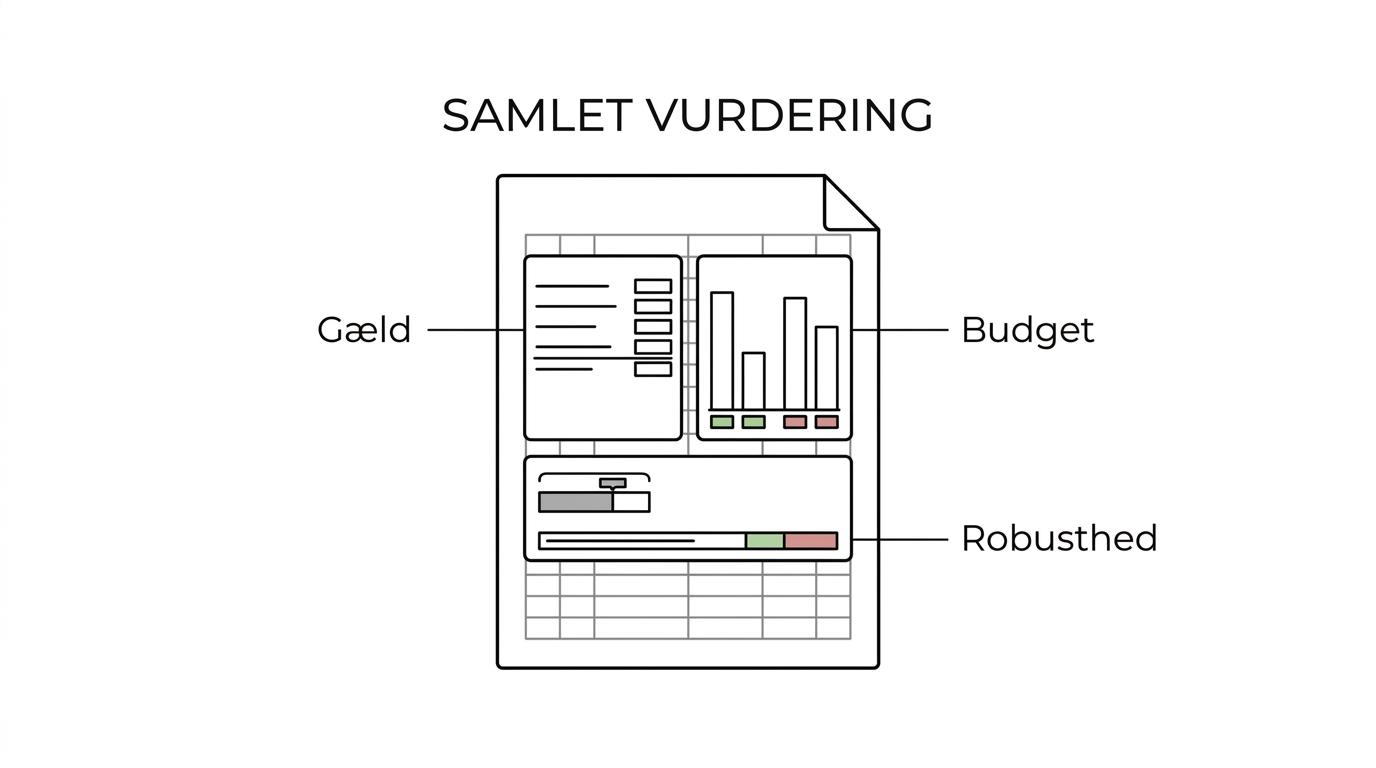Diagram over en gældsoversigt med lån, budget, rådighedsbeløb, dokumentation og robusthed som sammenhængende dele.