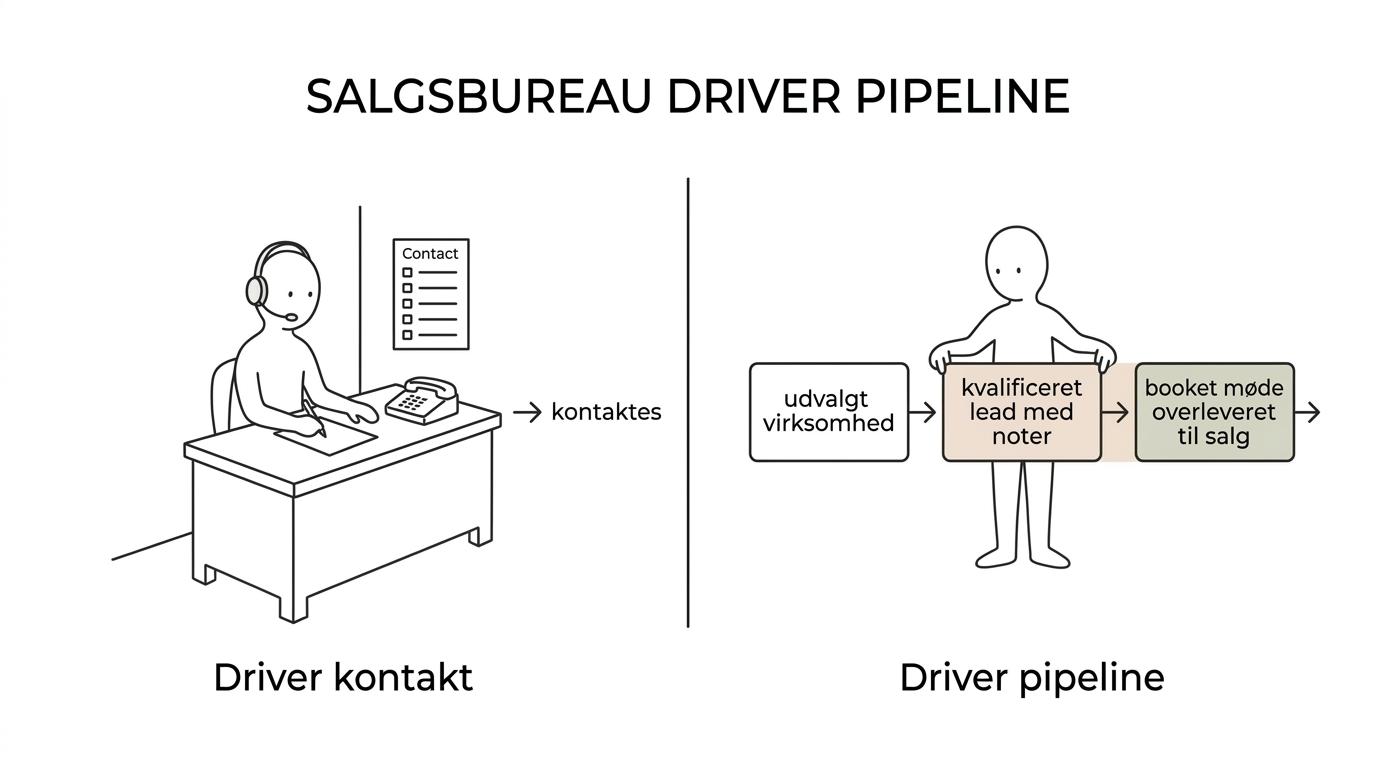 Side-by-side sammenligning af et B2B-salgsbureau og et telemarketingbureau på fokus, leverance, kanalbrug, KPI'er, timing og overlevering.