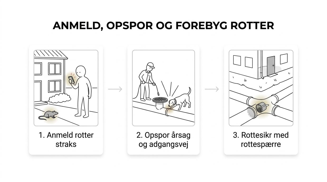 Et trin-for-trin forløb for rottebekæmpelse: anmeldelse, opsporing, kloakinspektion, rottespærre og forebyggelse.