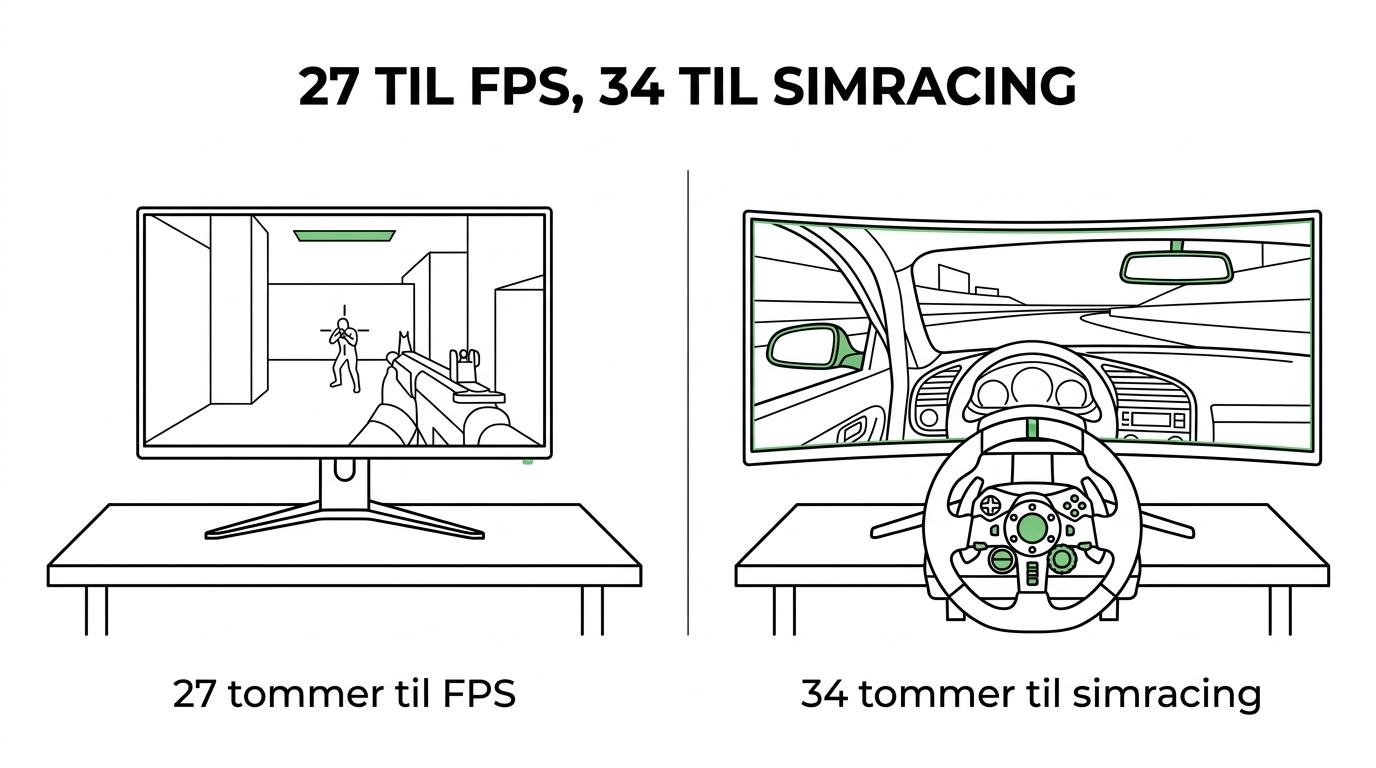 Side-by-side sammenligning af en 27 tommer 16:9 gaming-skærm til FPS og en 34 tommer 21:9 ultrawide-skærm til simracing.
