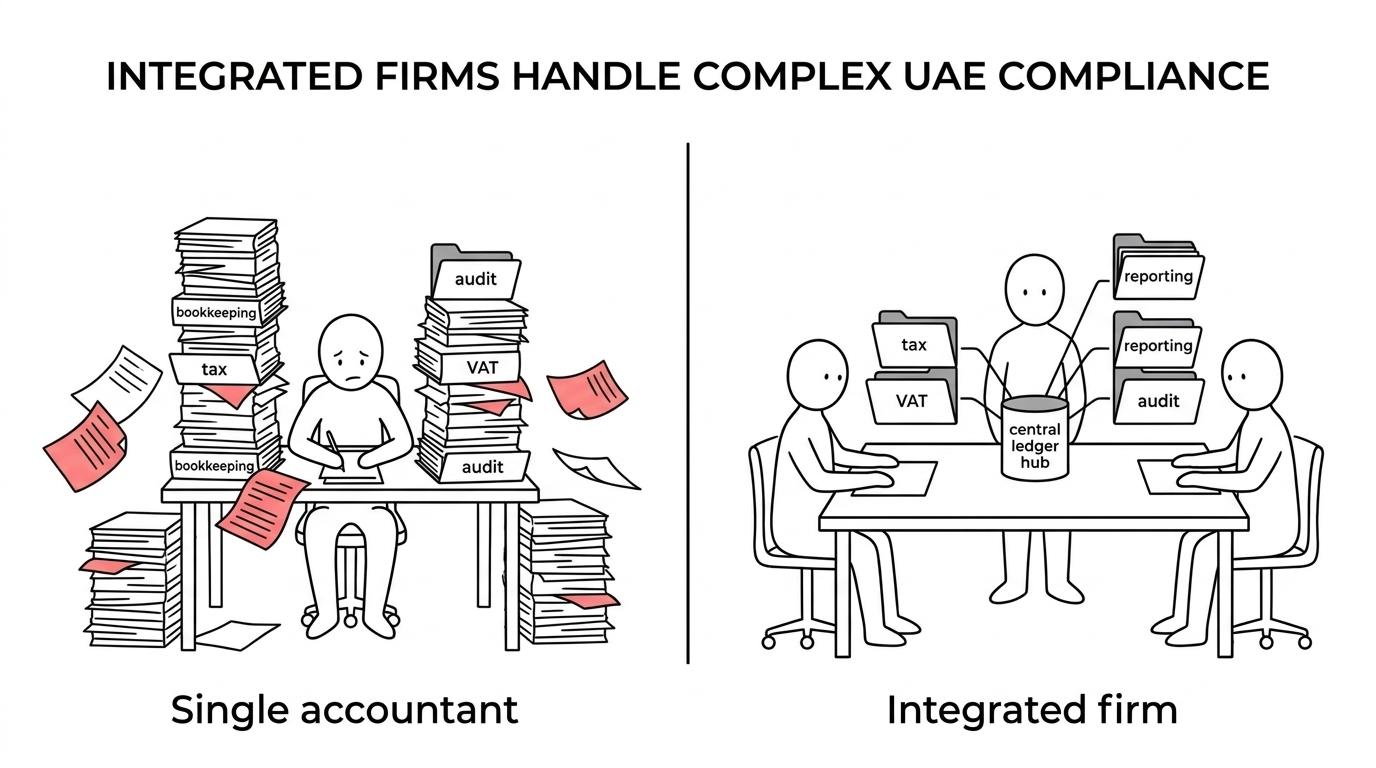 Side-by-side comparison of a solo chartered accountant and a Dubai accounting firm across services, review depth, tax support, and audit readiness.