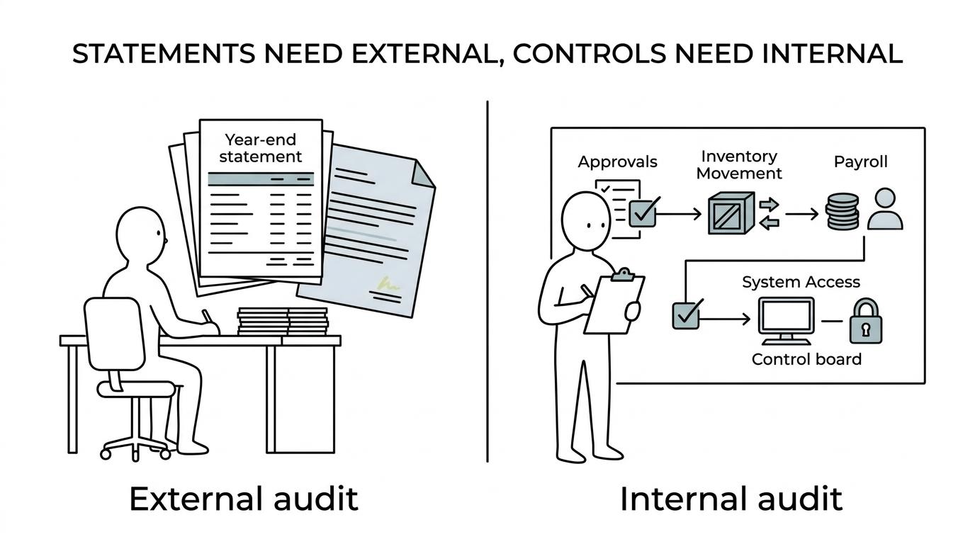 Side-by-side comparison of external audit and internal audit across purpose, audience, timing, independence, and outputs.