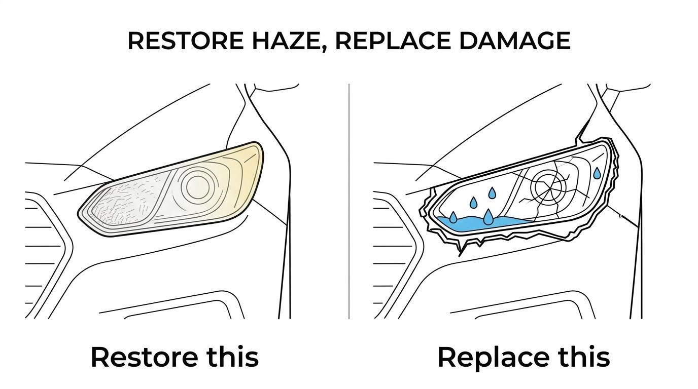 Side-by-side view of a cloudy but intact headlight lens and a cracked headlight with moisture inside.
