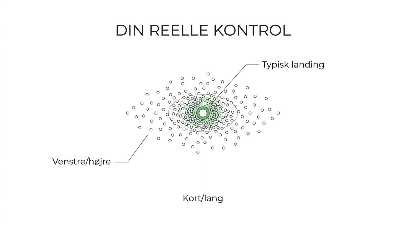 Et TrackMan-lignende mål med en sky af slag omkring centerlinjen, markeret med carry, venstre/højre spredning, kort/lang variation og typisk miss.