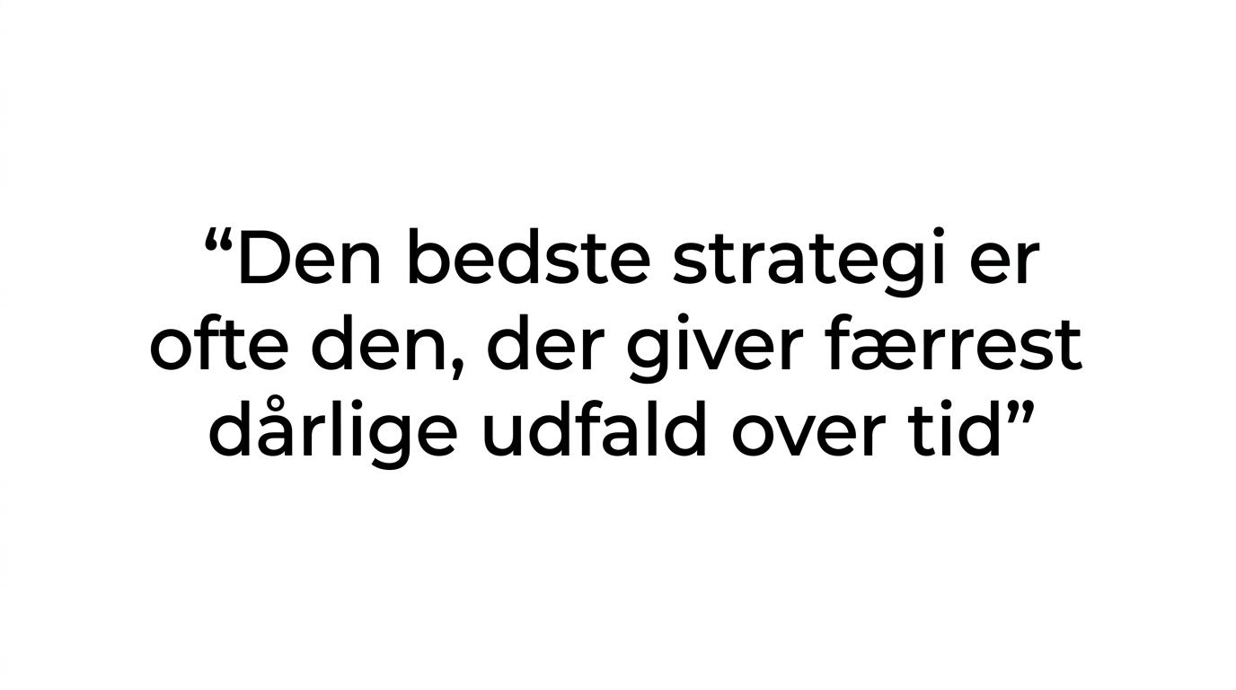 Et fremhævet citat i stor tekst om, at den bedste strategi giver færrest dårlige udfald over tid.