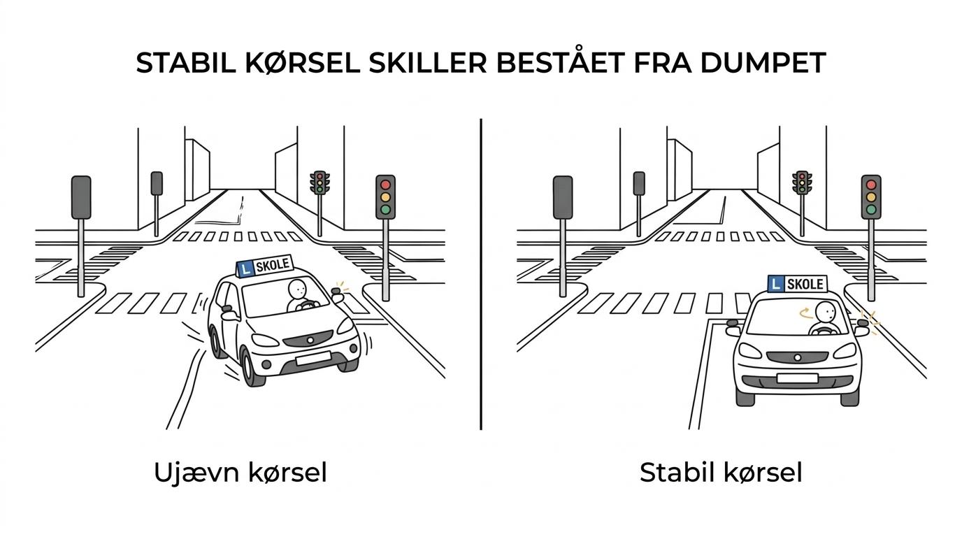 Side-by-side sammenligning af en elev, der består første gang, og en elev, der dumper, baseret på stabile versus ujævne kørevaner.