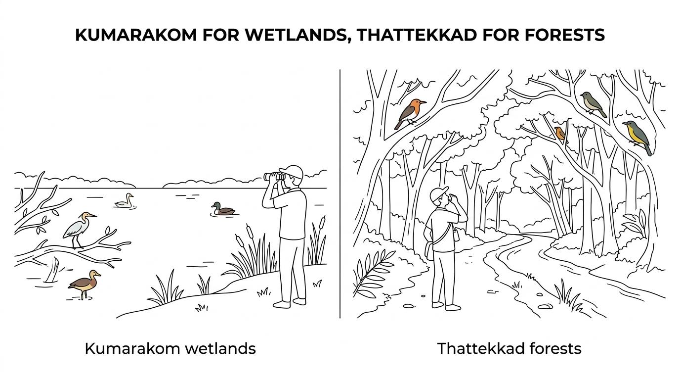Side-by-side comparison of Kumarakom’s open backwater wetland birding and Thattekkad’s shaded forest birding.