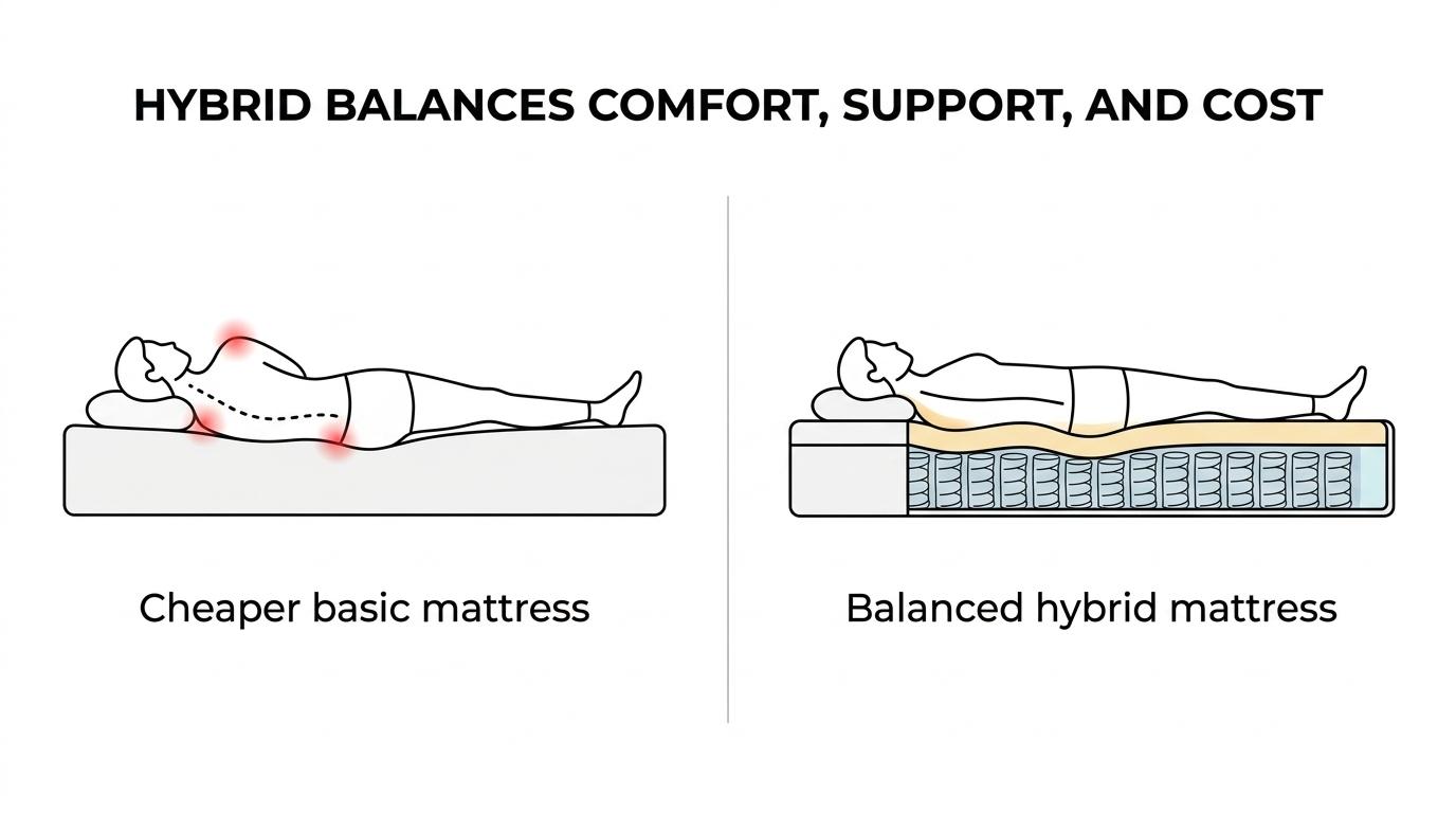 Side-by-side comparison of hybrid, memory foam, and innerspring mattresses showing differences in pressure relief, cooling, bounce, motion isolation, edge support, and budget fit.