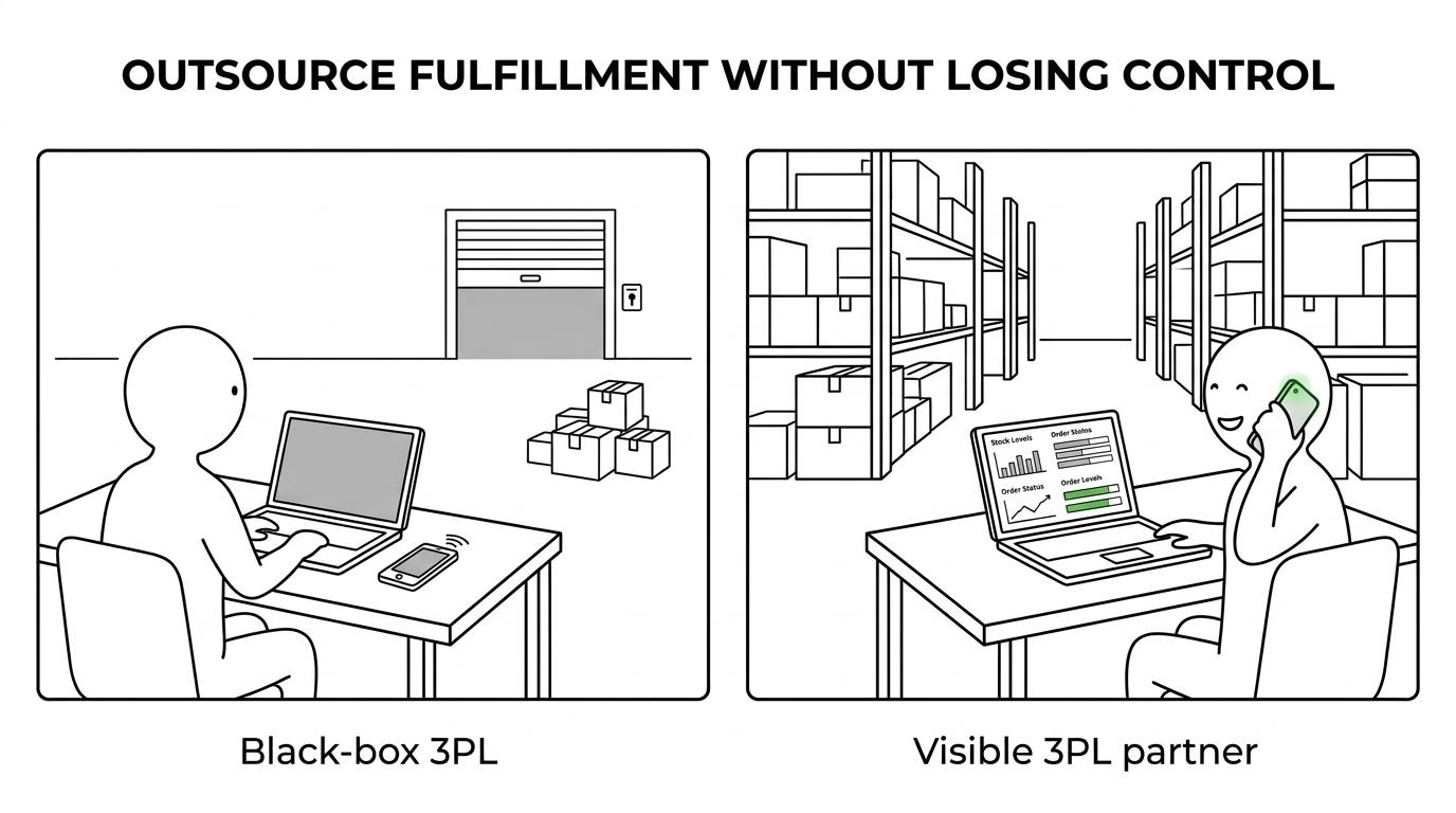 Side-by-side comparison of in-house Bay Area fulfillment versus using SVDirect, showing warehouse overhead on one side and same-day shipping, visibility, and integrations on the other.