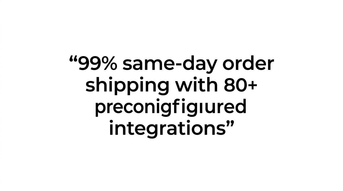 Highlighted quote stating that SVDirect supports a 99% same-day order shipping rate with 80+ preconfigured integrations.