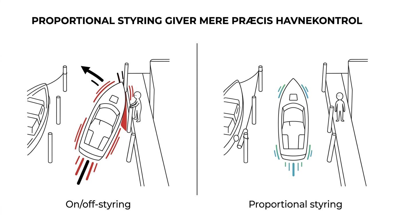 Sammenligning af en bowpropeller med fuldt proportional styring og en on/off-model under tillægning tæt på kaj.