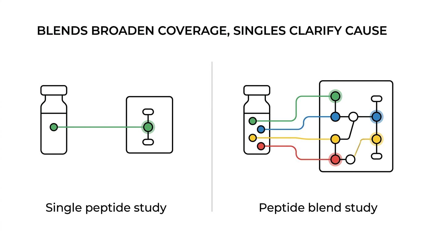 Side-by-side comparison of a single-peptide study and a peptide blend study, showing cleaner attribution on one side and broader multi-pathway coverage on the other.