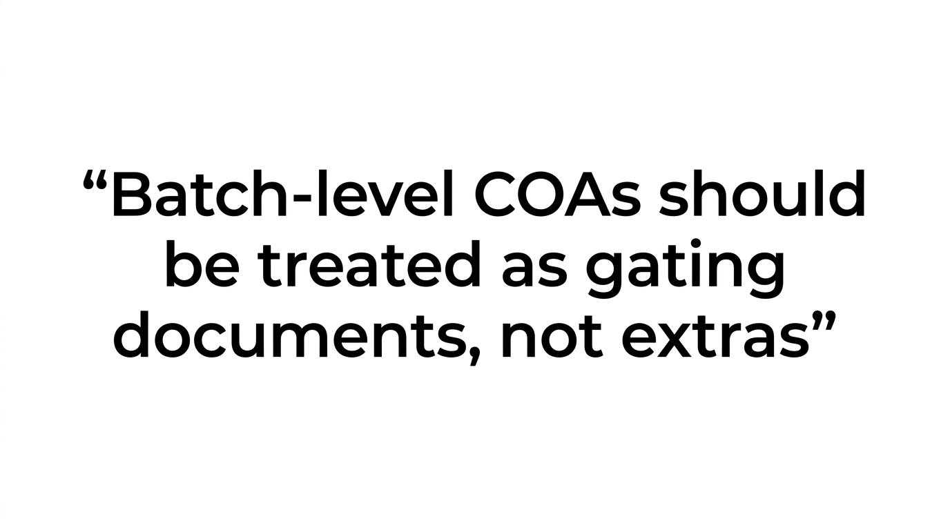 Highlighted quote visual with the line that batch-level COAs should be treated as gating documents, not extras.