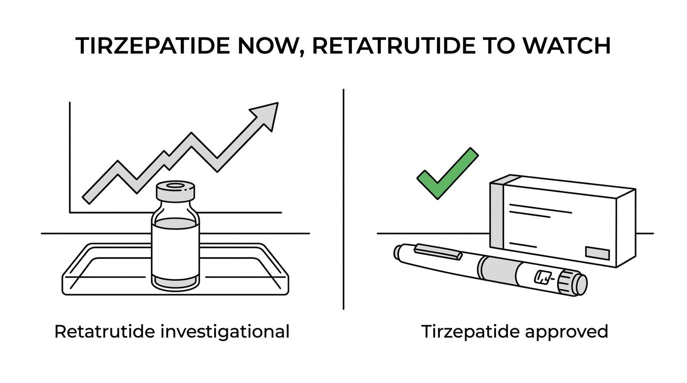 Side-by-side comparison of tirzepatide and retatrutide showing approval status, mechanism, trial stage, and reported weight-loss results at different study timepoints.