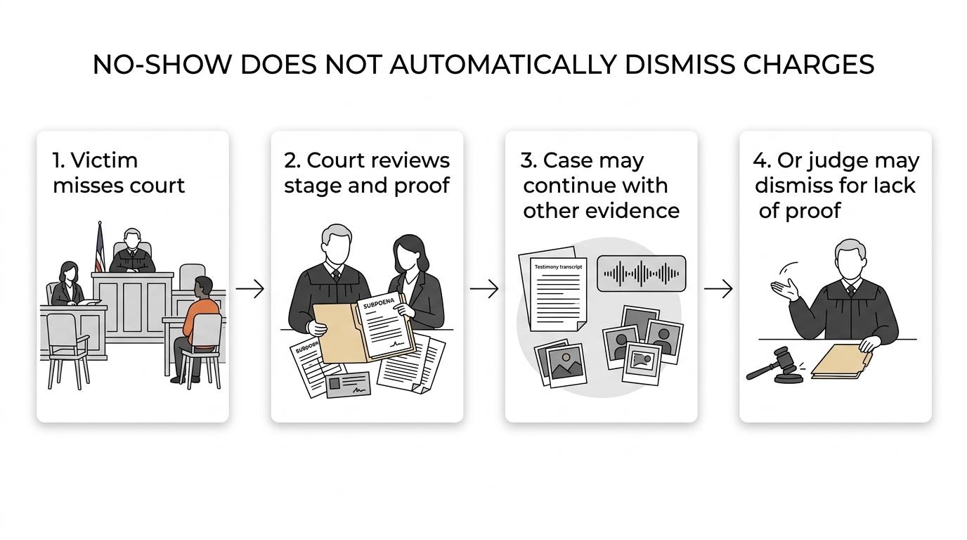 Flowchart of Michigan criminal case outcomes when a victim does not appear in court.