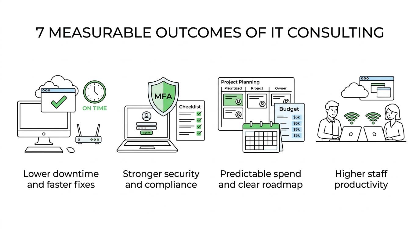 A visual summary of seven outcomes from small business IT consulting: lower downtime, stronger cybersecurity, predictable IT spending, clear roadmap, faster issue resolution, better compliance readiness, and higher productivity.