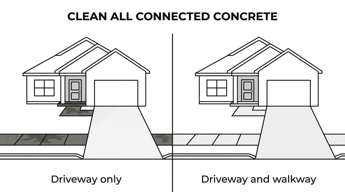 Side-by-side view of a dark stained driveway and walkway compared with the same concrete cleaned bright and even.