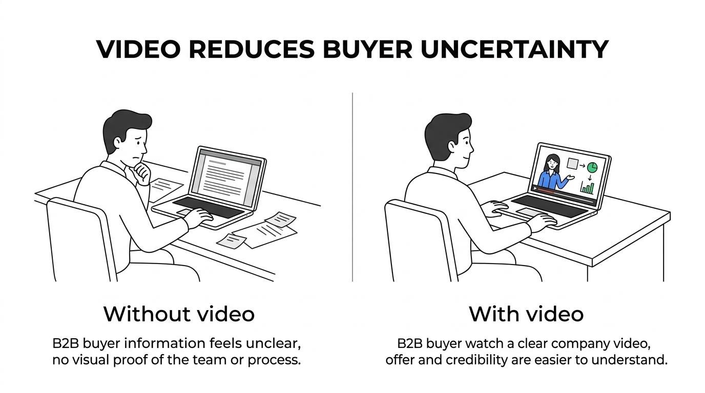 Side-by-side comparison of a slow B2B sales process without video versus a smoother sales process with video support.