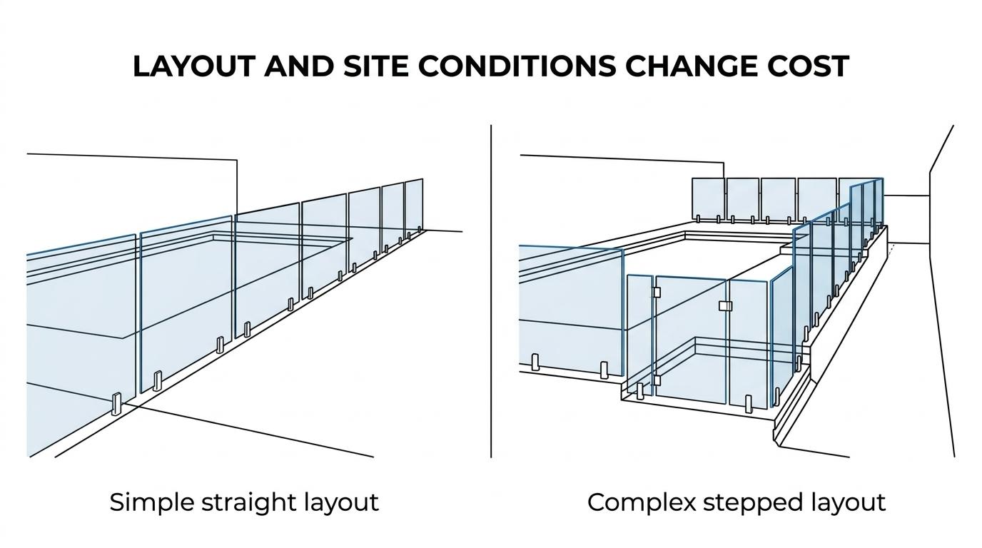 Side-by-side comparison of a simple straight frameless glass pool fence and a more complex layout with corners, slope, and extra gate showing why costs increase.