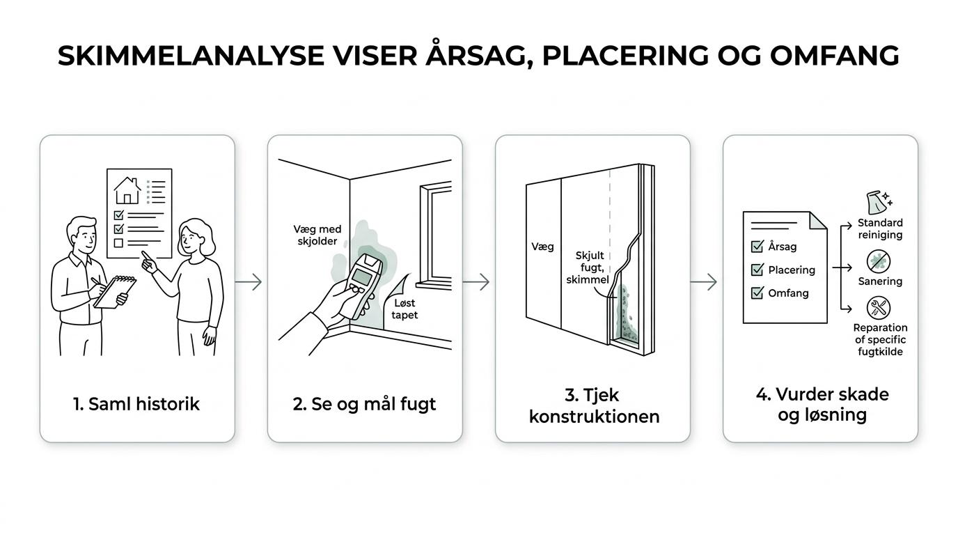 Diagram over en skimmelanalyse i fire trin fra historik og fugtmåling til konstruktionstjek og valg af indsats.