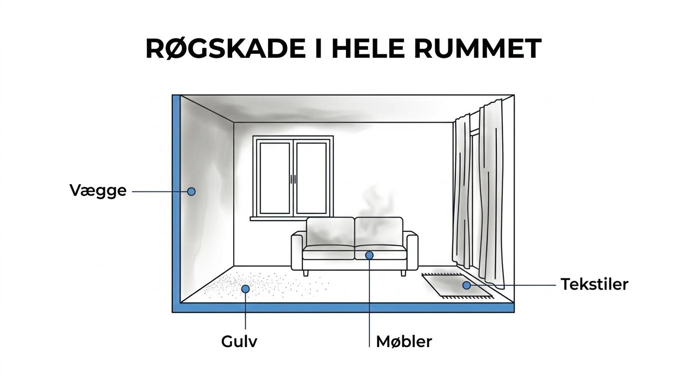 Labeled room showing smoke damage on walls, floors, windows, doors, cabinets, furniture, and a carpet with deeper smoke absorption.