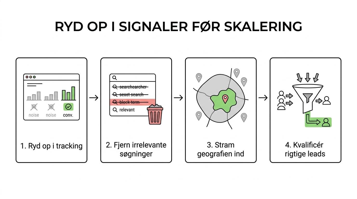 Flow over første måneds Google Ads-arbejde: tracking, søgetermer, negative keywords, geografi, leadkvalitet og derefter budget.