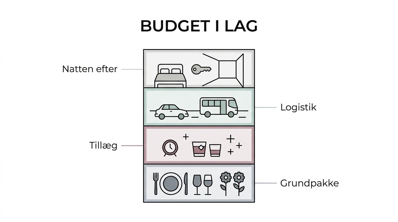 Diagram over et slot bryllups samlede budget opdelt i grundpakke, minimumsgæster, tid, bar og natmad, værelser, transport og ekstra tillæg.